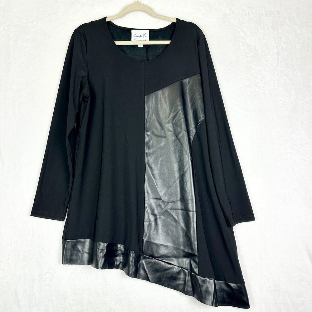 Compli K Asymmetrical Tunic Top Size Large NWT Faux Leather Stretch Knit Black